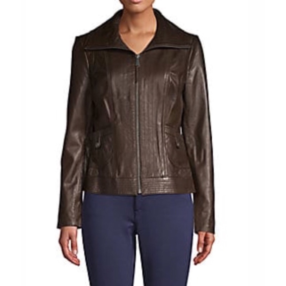 Michael Kors leather jacket zipper brown